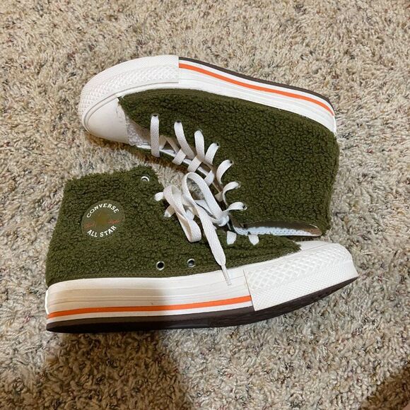 Converse Y4.5/W6.5 Sherpa EVA Platform High Top Sneakers Dark Moss Bold Mandarin - Picture 9 of 16